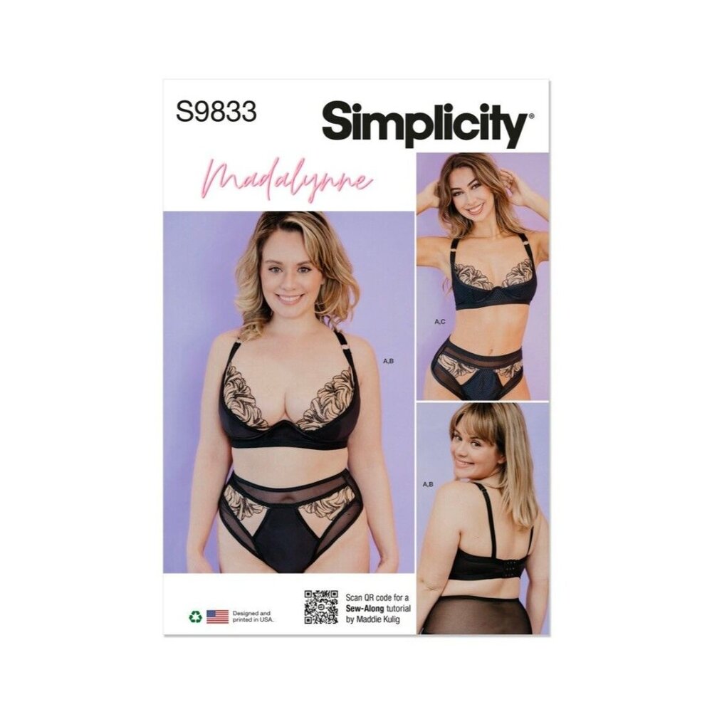 Simplicity Pattern S9833 Monowire Quarter-Cup Bra Full Panty Thong All Sizes New